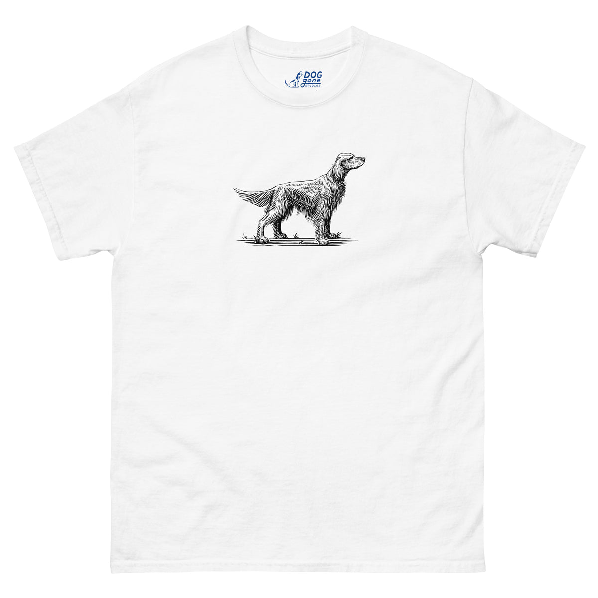 White Irish Setter T-shirt with a small black dog illustration on the chest
