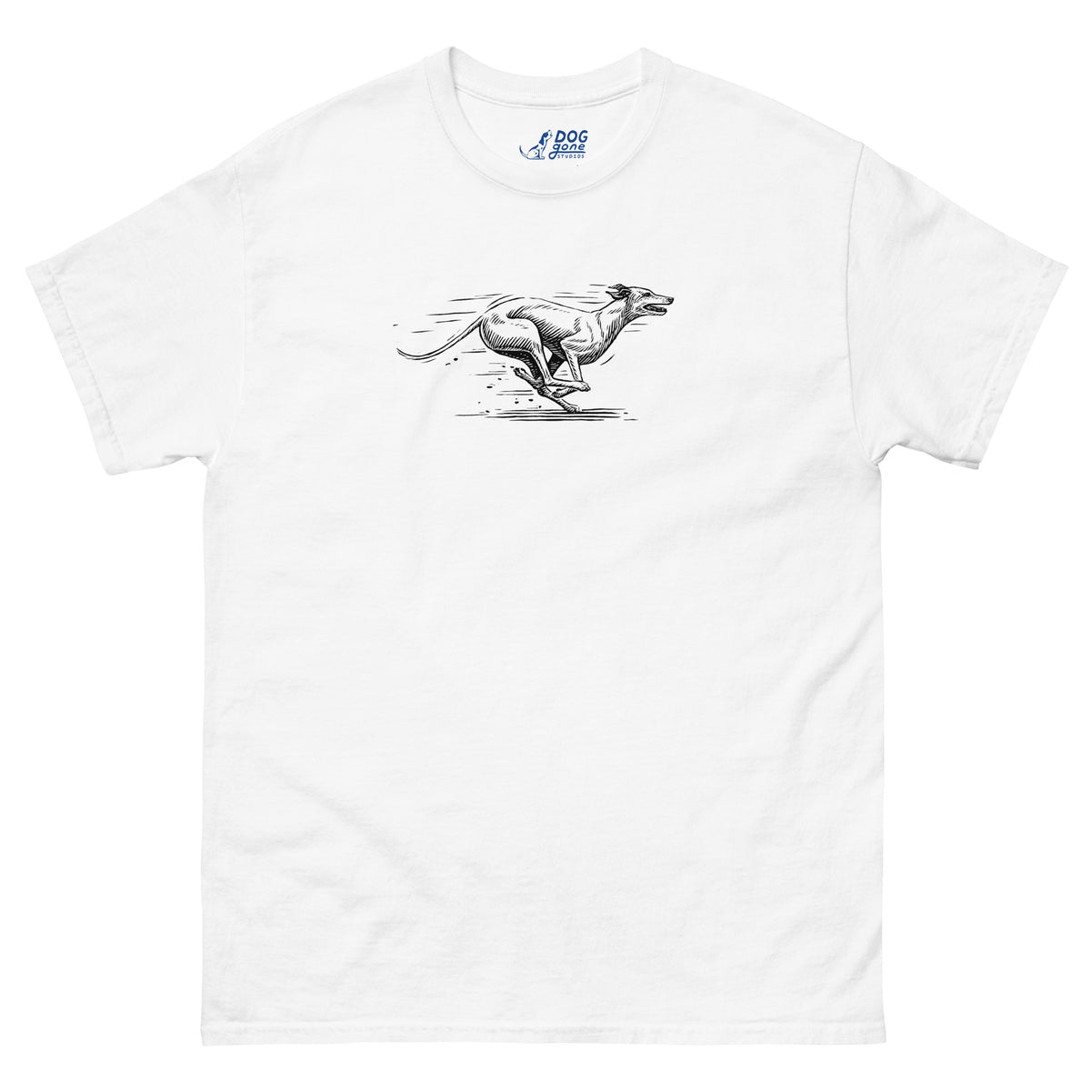 White Greyhound T-shirt with a running dog graphic on the chest