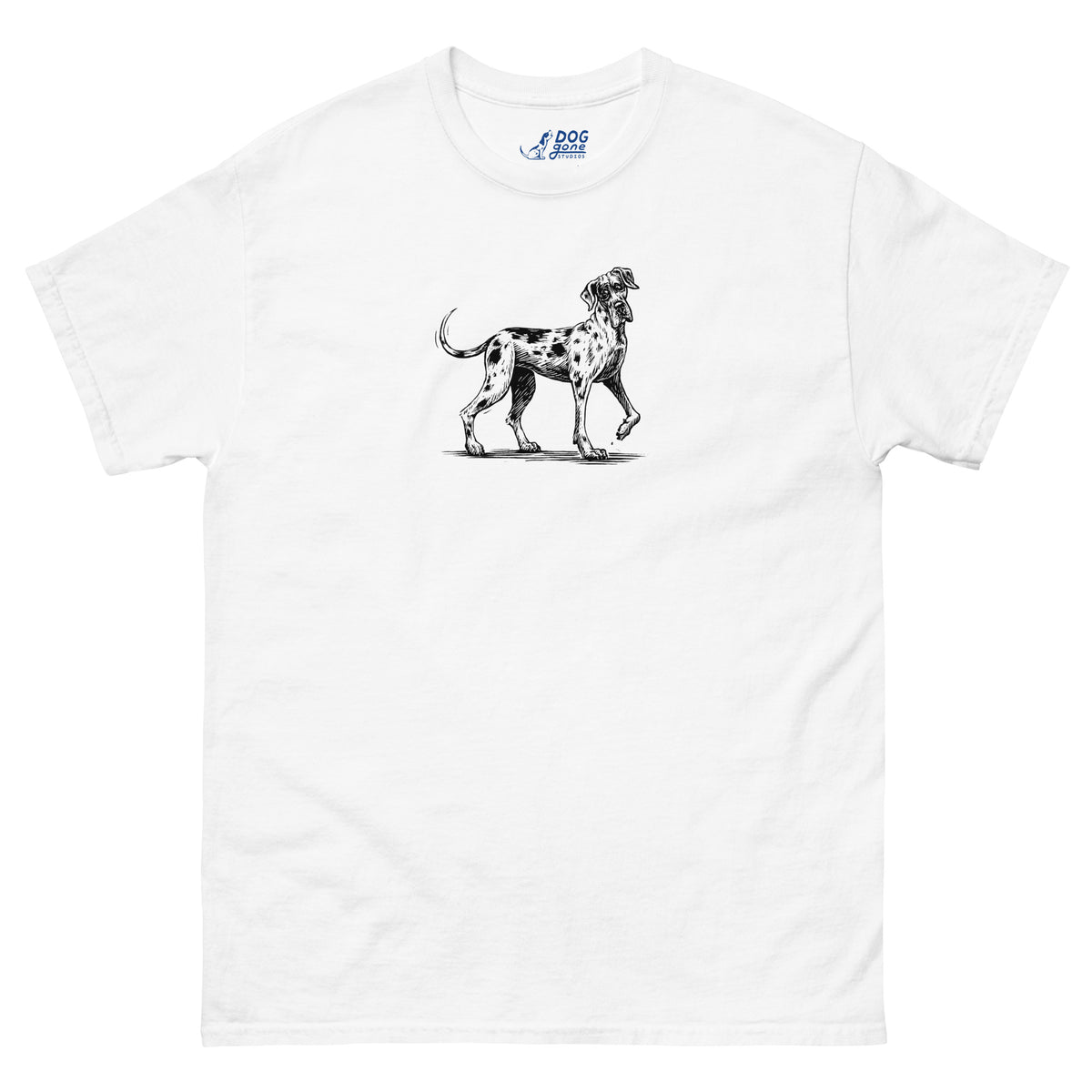 White Great Dane T-shirt with a small black dog illustration on the chest