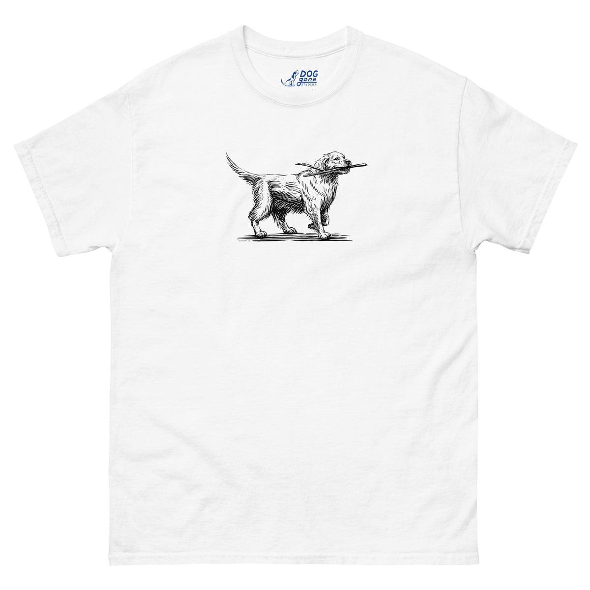 White Golden Retriever T-shirt with a small black dog illustration on the chest