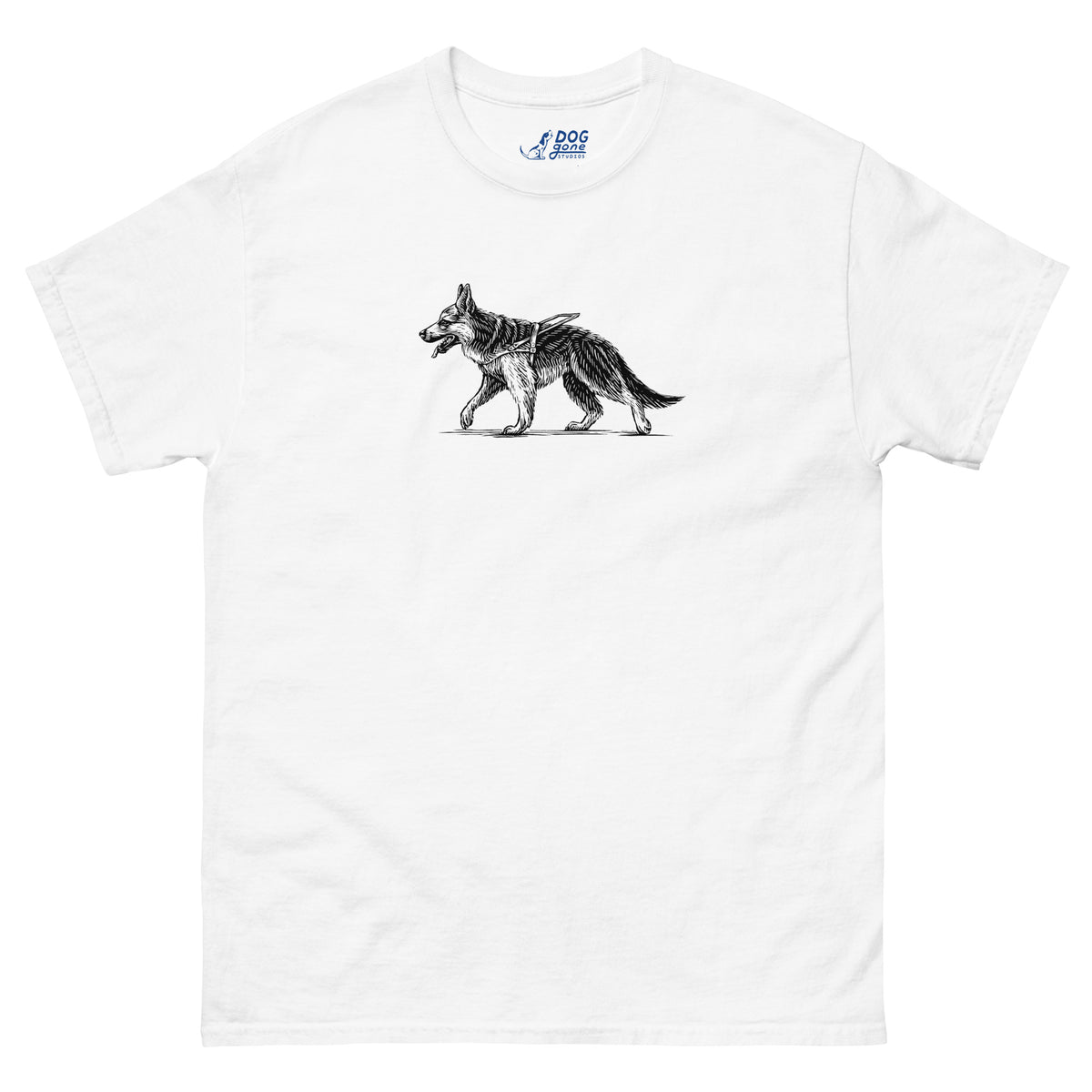 White German Shepherd T-shirt with a small black walking dog illustration
