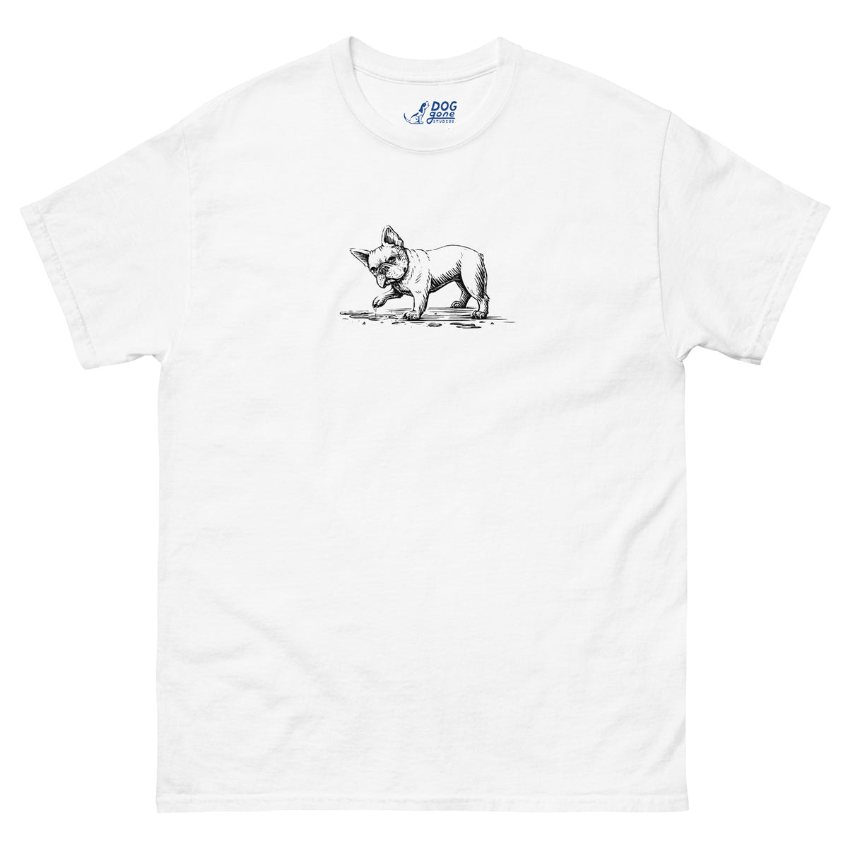 White T-shirt with a small black French bulldog illustration on the chest