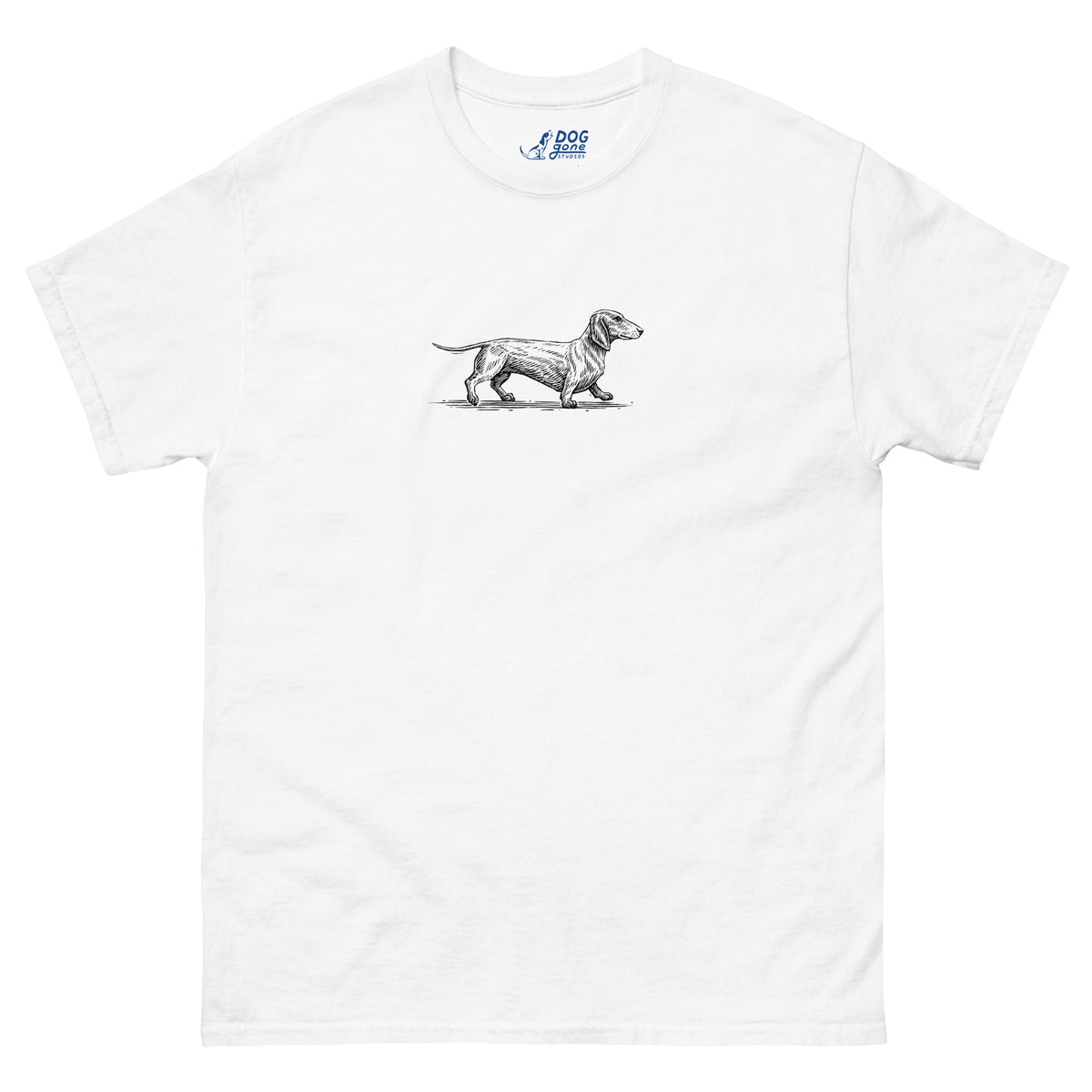 White Dachshund T-shirt with a small black dog illustration on the chest