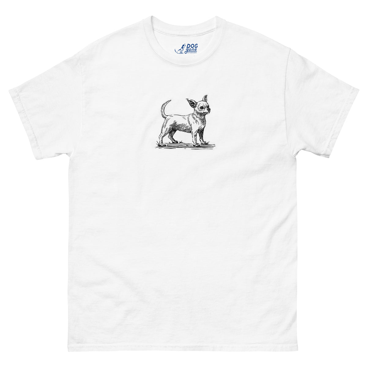 White Chihuahua T-shirt with a small black dog illustration on the chest