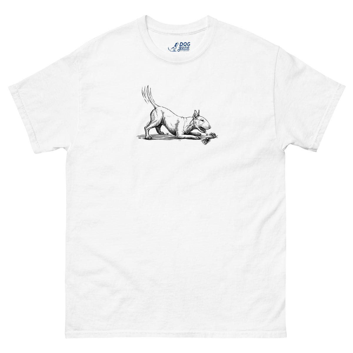 White Bull Terrier T-shirt with a small sketch of a dog crouching to play.
