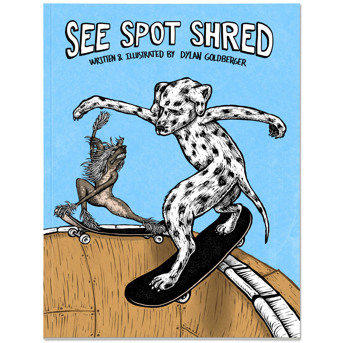 See Spot Shred illustrated book cover with a spotted dog skateboarding