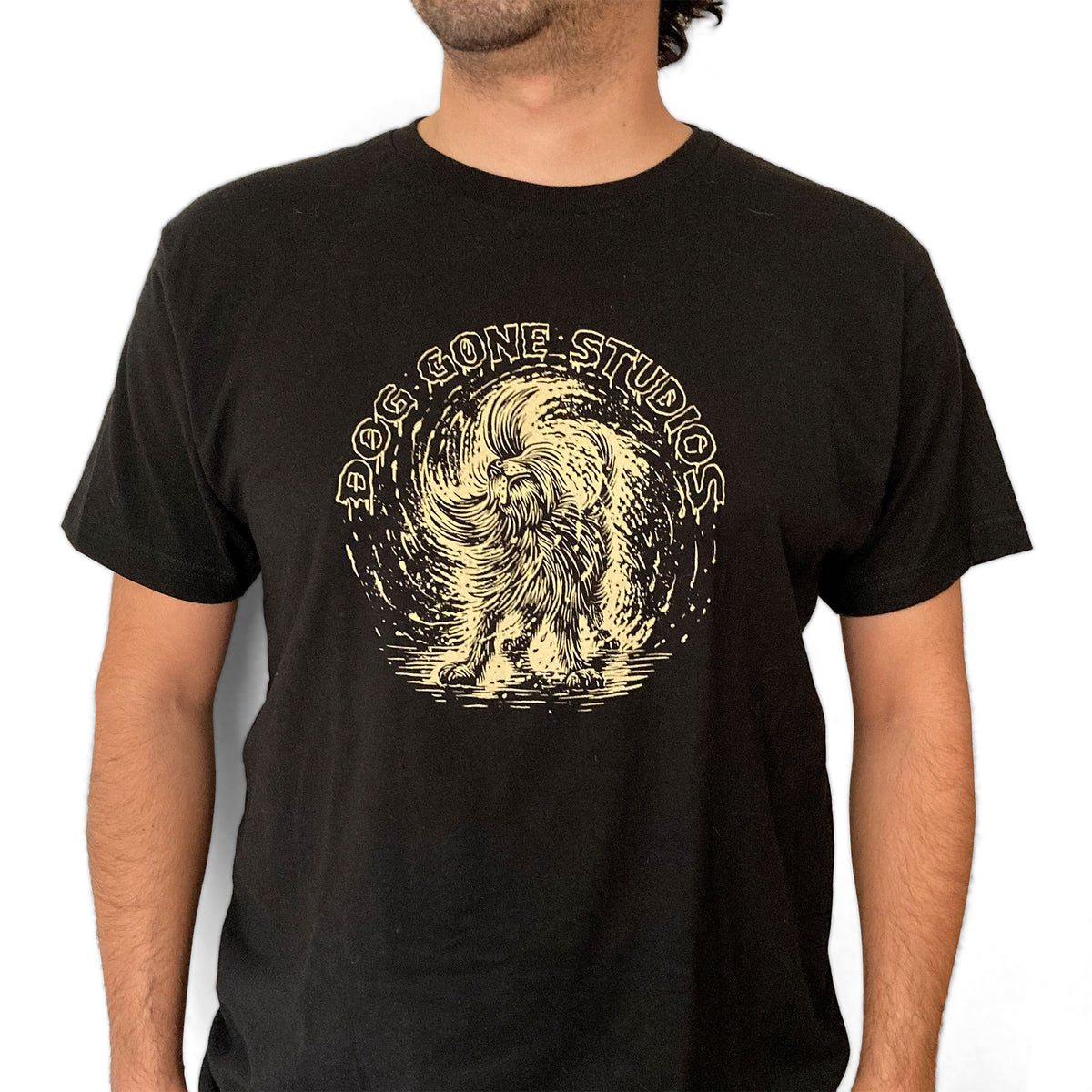 Black Shake Dog T-shirt worn, with a cream dog graphic and circular text on the chest.