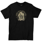 Black Shake Dog T-shirt laid flat, featuring a cream dog graphic and circular chest text.