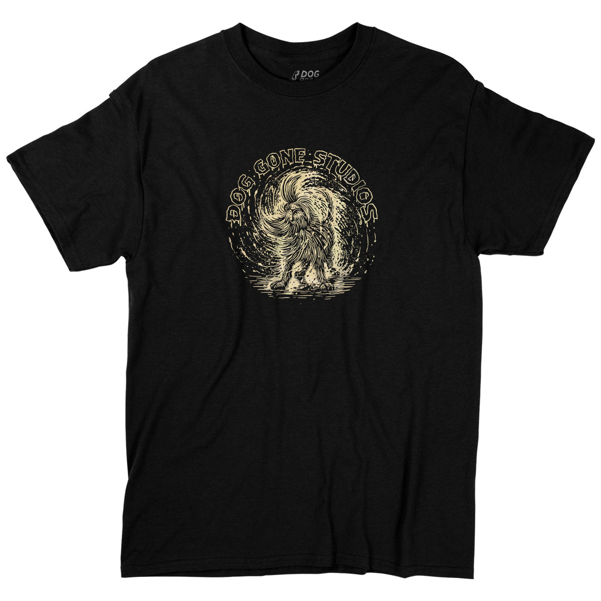 Black Shake Dog T-shirt laid flat, featuring a cream dog graphic and circular chest text.