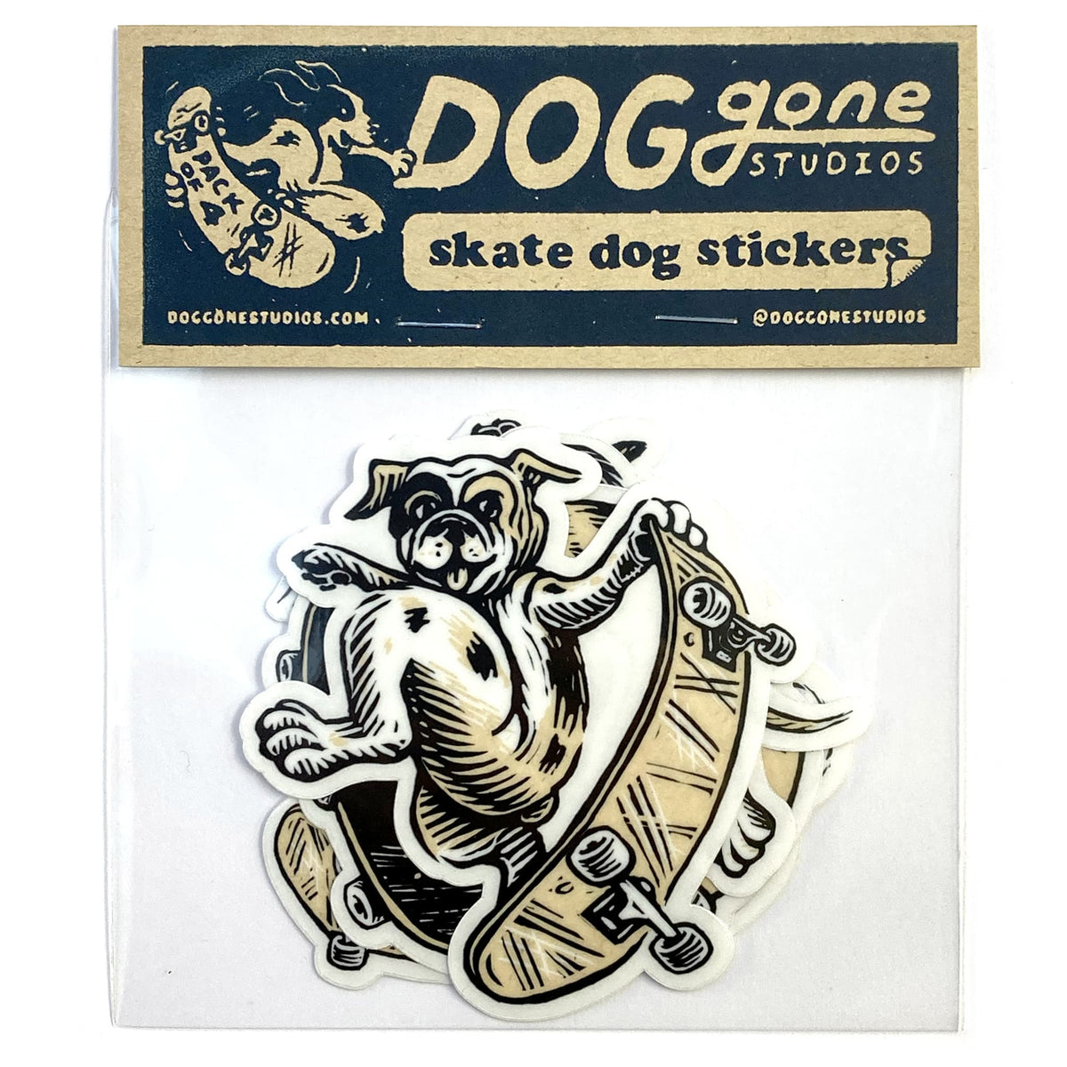 Skate dog sticker pack in a clear sleeve with illustrated dog and skateboard designs